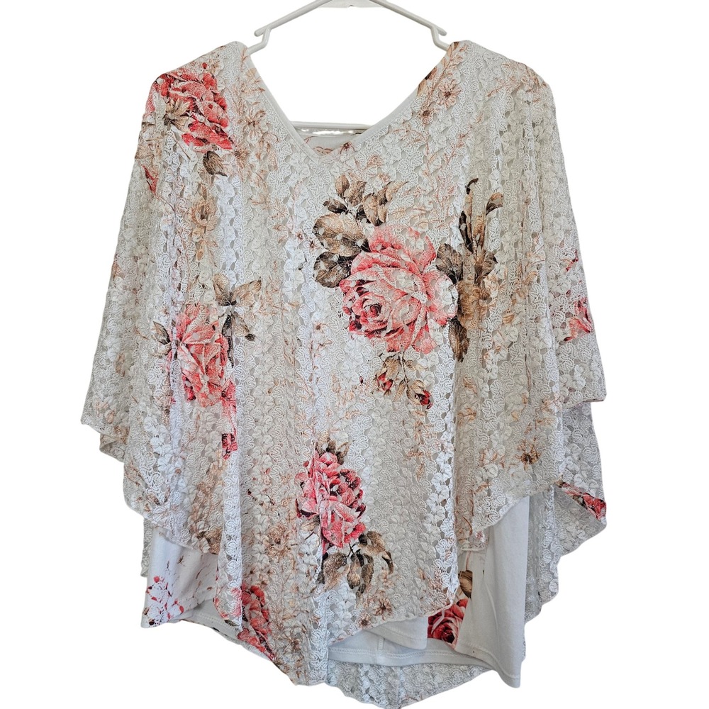 Speed Limit 98 White Floral Lace Poncho with Pink Roses